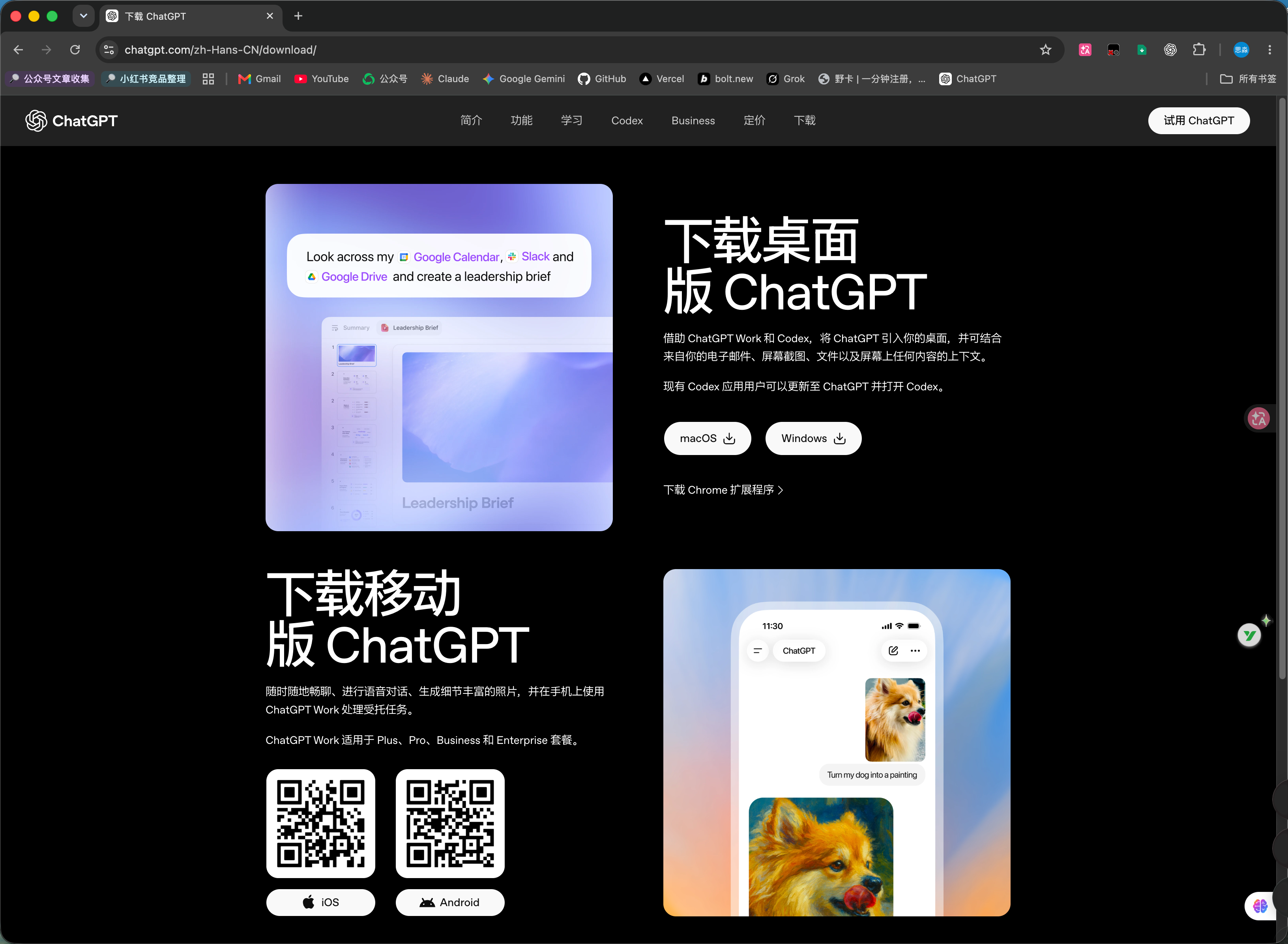 ChatGPT 中文官方下载页面，显示桌面版 ChatGPT 的 macOS 和 Windows 下载按钮