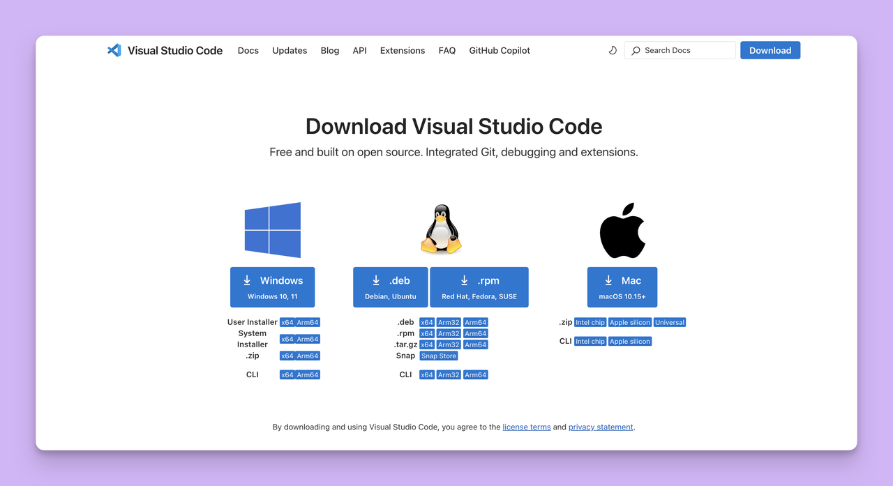 VS Code 为 Windows、Linux 和 macOS 提供的下载版本